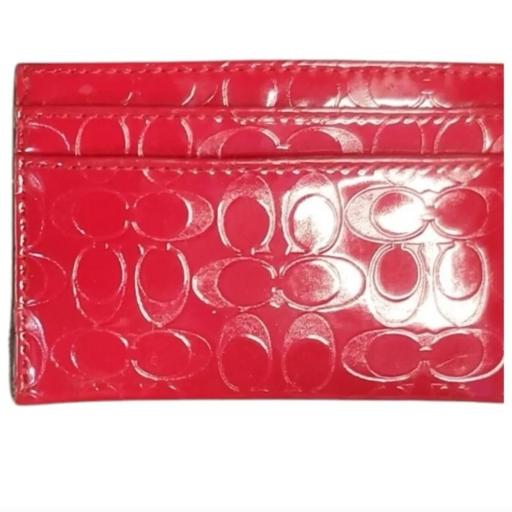 Coach Embossed Liquid Gloss Card Case Skinny Wallet Red Shiny F62544 EUC